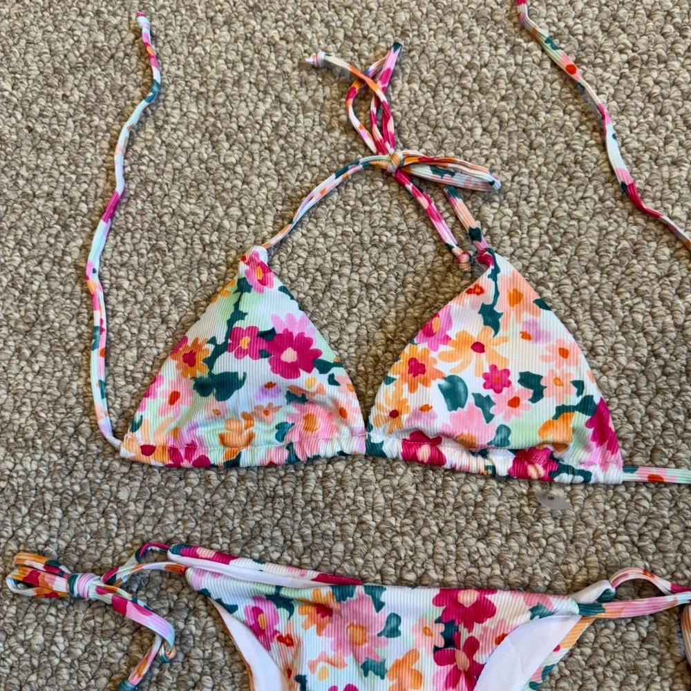 SHEIN Floral Ribbed Triangle Bikini Set Multicolor‎ Side Tie Swimsuit Size Small